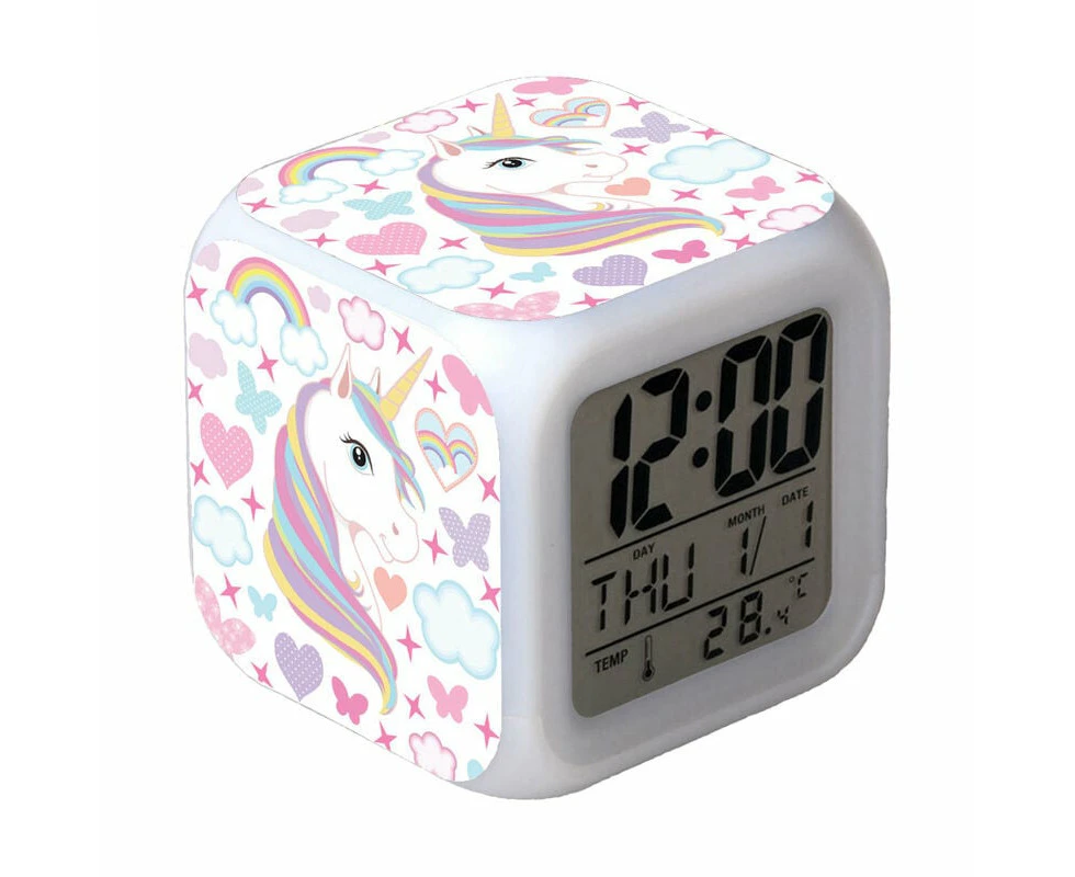 Alarm Clocks for Girls, Unicorn Kids Alarm Clocks with 4-Sided Unicorn Pattern and 9 Kinds of LED Light Wake Up Bedside Clock Gifts