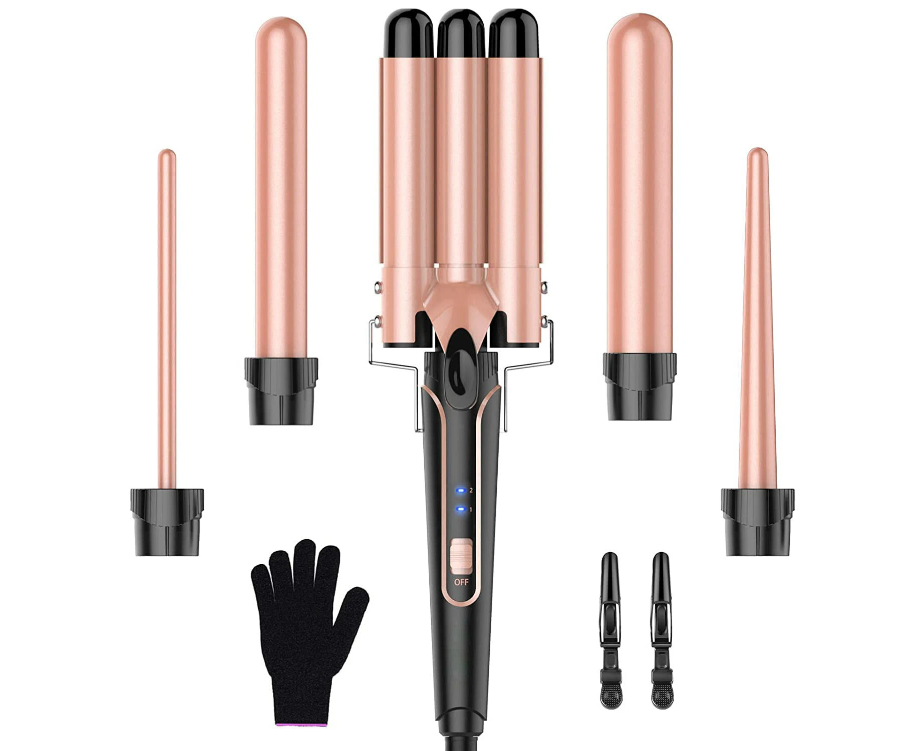 3-Barrel Beach Waver Curling Iron – 5-in-1 Wand Set with Hair Crimper for Fast Heating