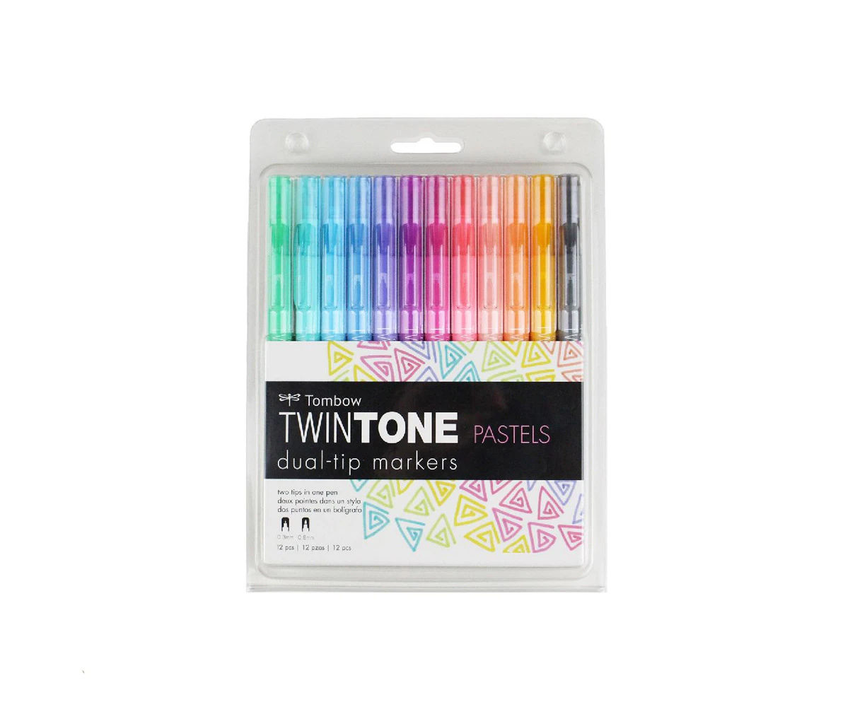 12pc Tombow TwinTone Dual Tip Marker Drawing Set Bullet/Extra Fine Tip Pastels