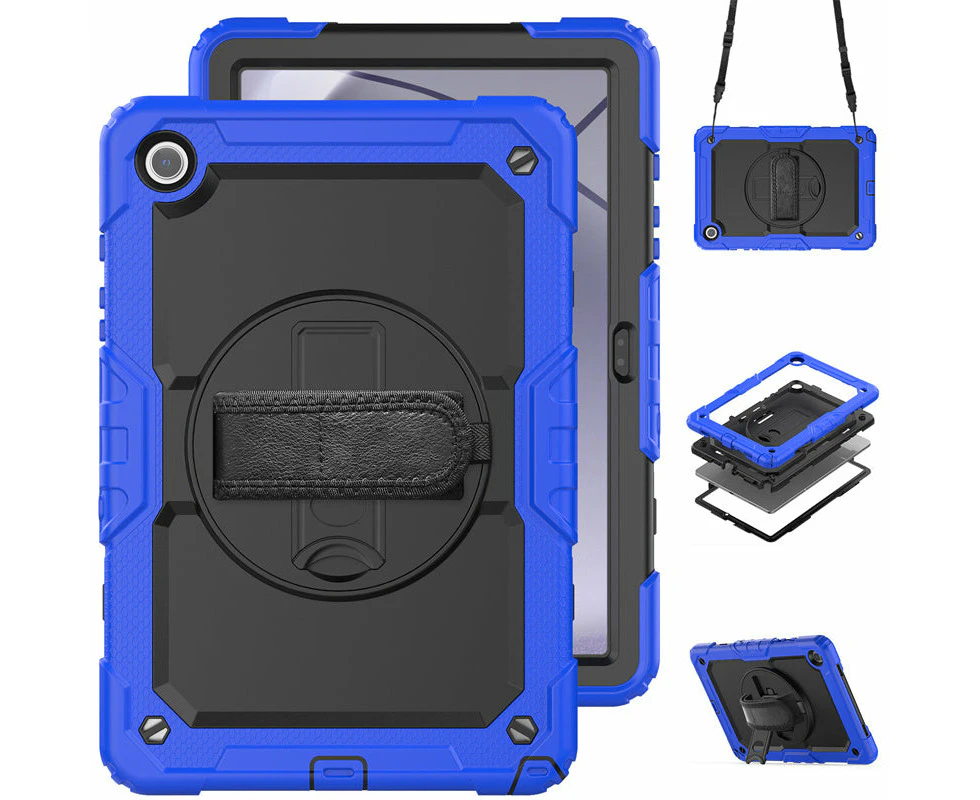 WASSUP Samsung Galaxy Tab A9+ 11 inch 2023 Drop Protection Case With Screen Protector 360 Rotating Hand Strap Stand & Shoulder Strap-Black&Blue