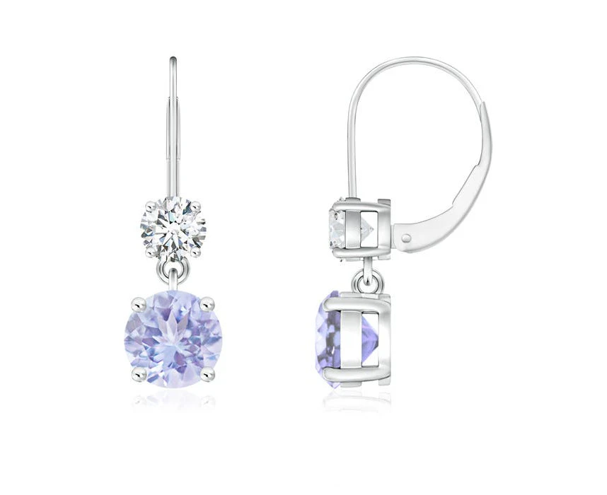 Angara Natural Round 1ct Tanzanite Leverback Dangle Earrings with Diamond in 14ct White Gold for Women (Size: 5mm|Grade: A)|December Birthstone Jewellery