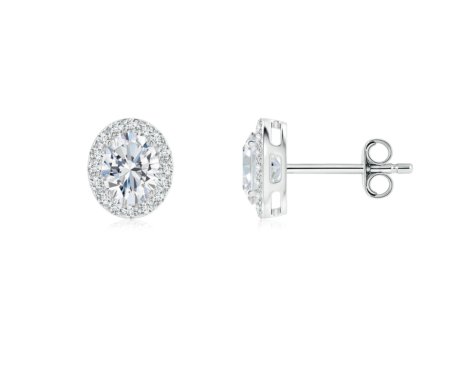 Angara Lab-Grown Oval Diamond Studs Earrings with Halo in Sterling Silver for Women (Size: 5x3mm | Colour: F-G | Clarity: VS) | April Birthstone Jewellery