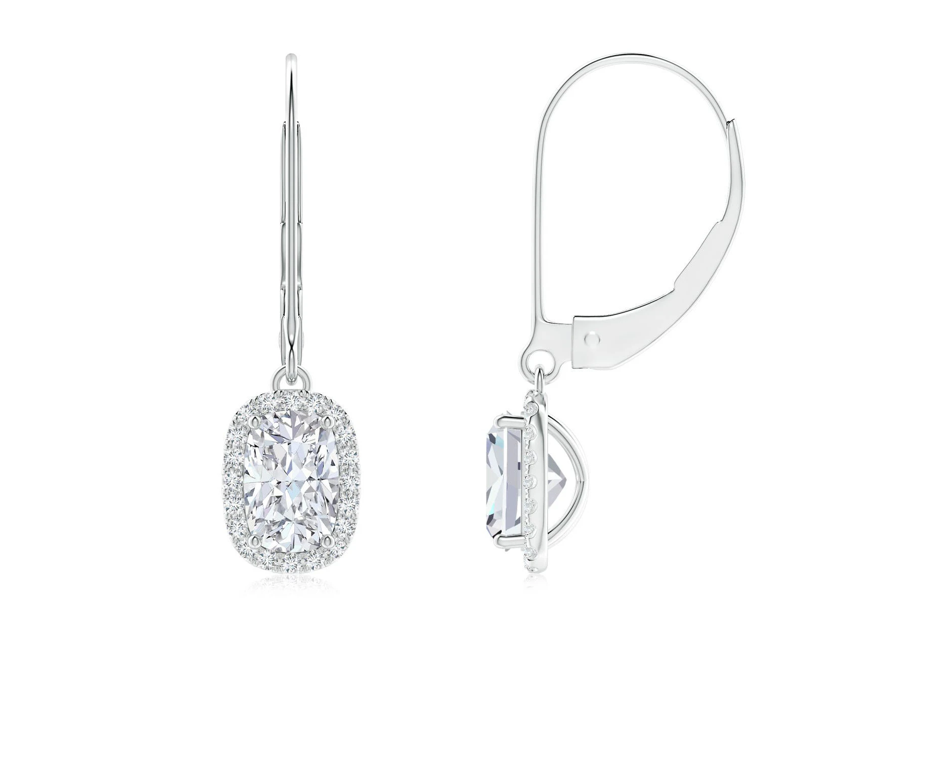 Angara Lab-Grown Cushion Diamond Leverback Earrings with Halo in 14ct White Gold for Women(Size:6x4mm|Colour:F-G|Clarity:VS)|April Birthstone Jewellery