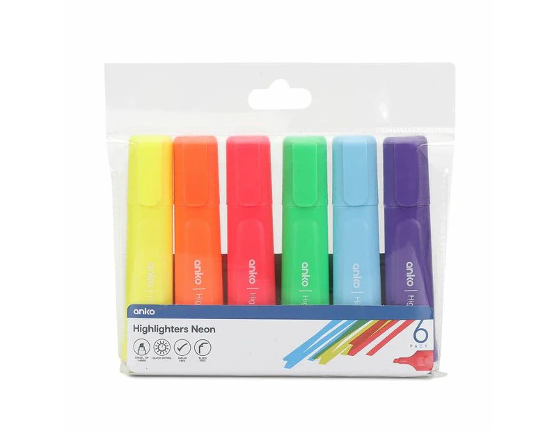 Neon Highlighters, 6 Pack - Anko