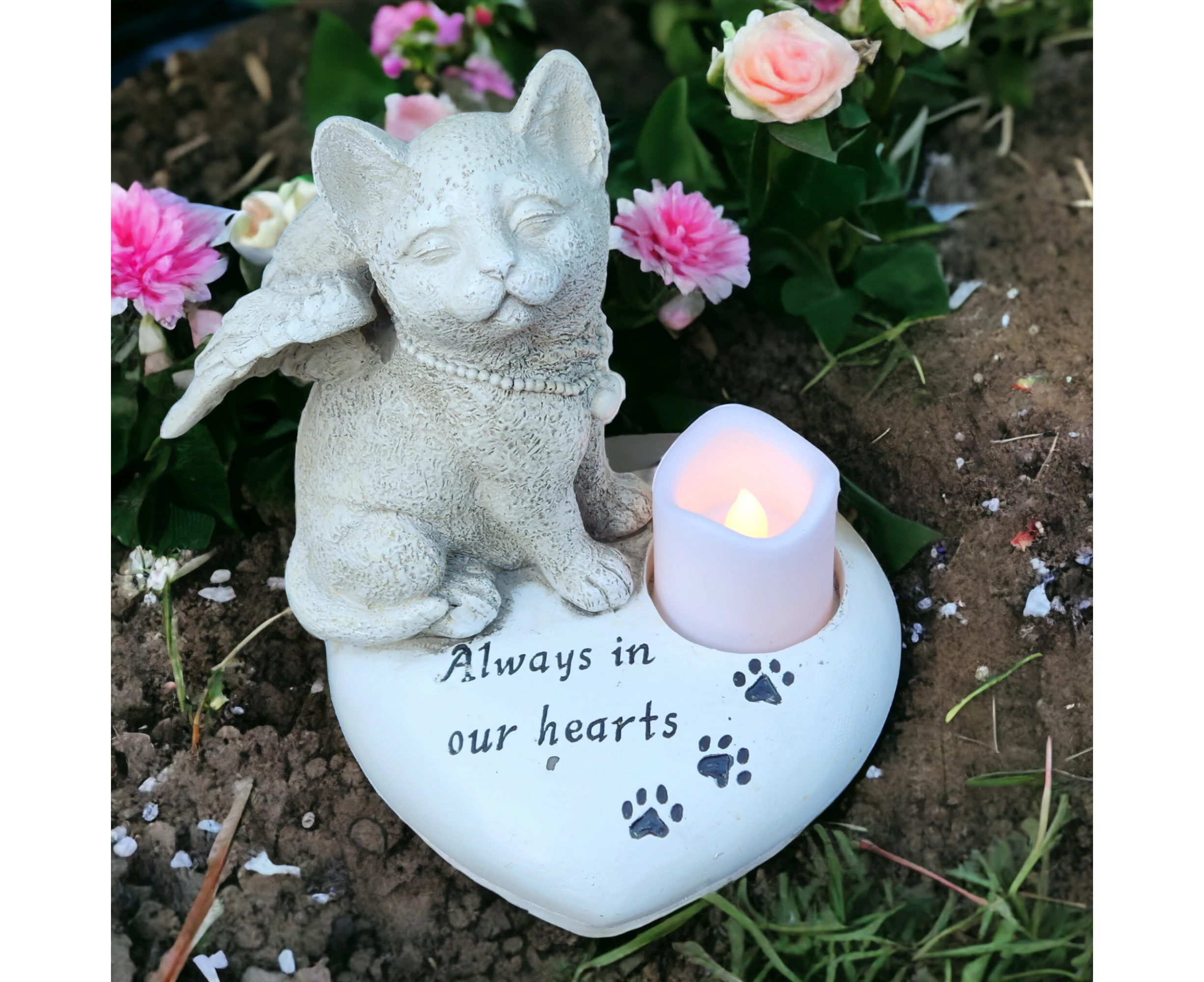 Cat Angel Sitting on Heart Memorial Plaque & LED Light