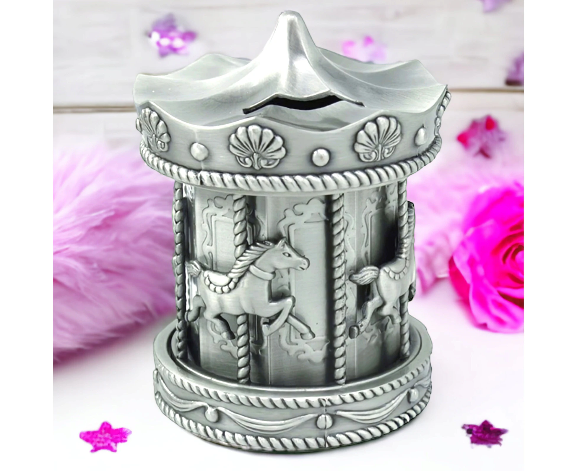 Silver Pewter Carousel Merry Go Round Money Box