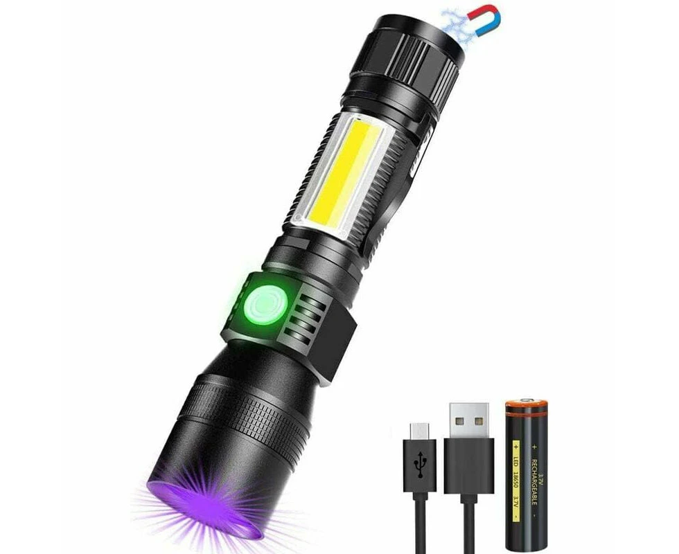 3 in 1 UV Flashlight USB Rechargeable LED Flashlight Magnetic Zoomable Waterproof COB Work Light 7 Modes 395nm Urine Detector for Pets (1pc)