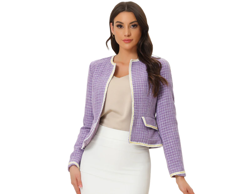 Allegra K Plaid Tweed Open Front Office Short Jacket