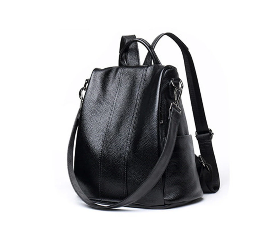 Women Soft Leather Backpack Antitheft Rucksack Ladies Shoulder Bag Medium--Black