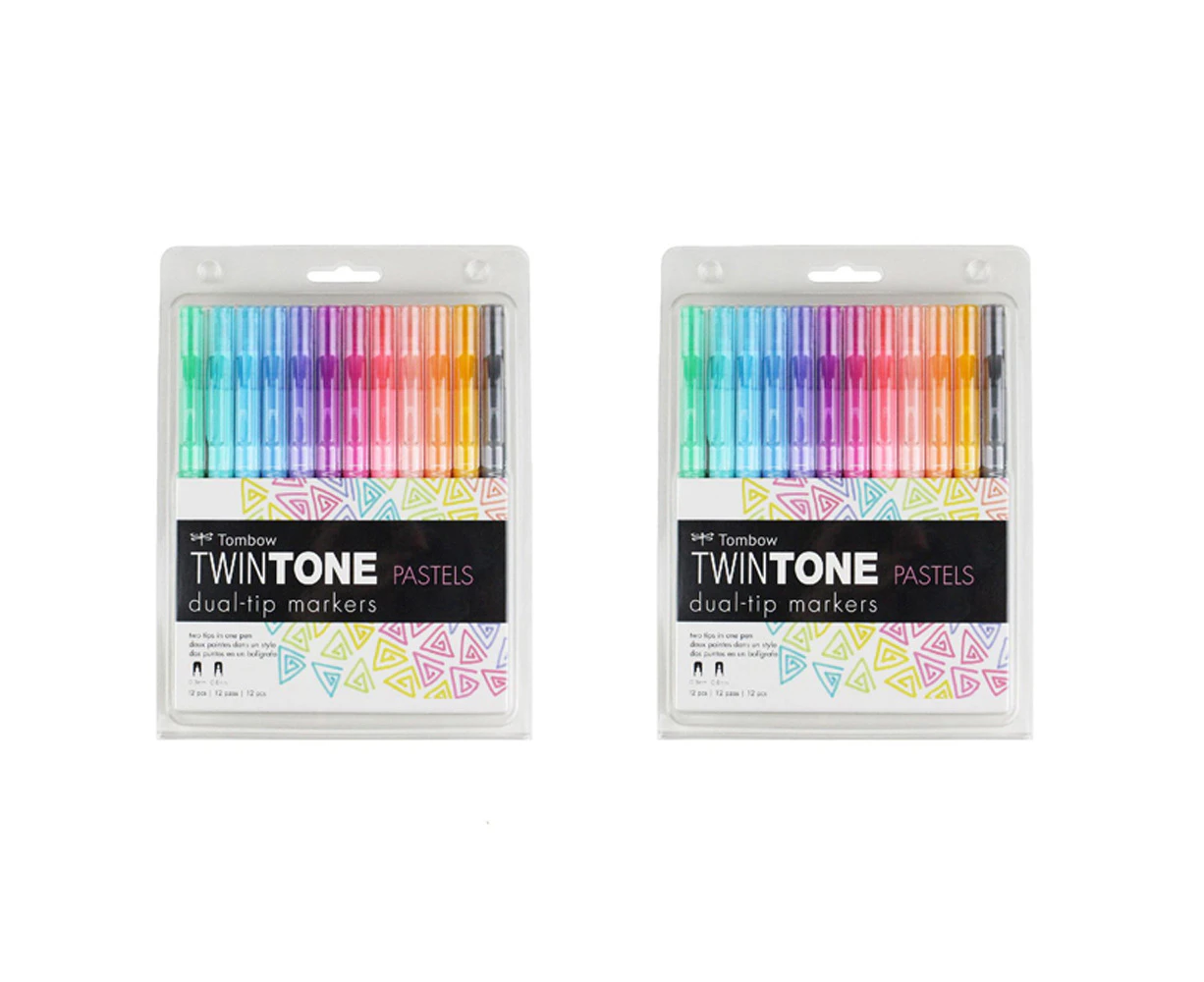 2x 12pc Tombow TwinTone Dual Tip Marker Drawing Bullet/Extra Fine Tip Pastels