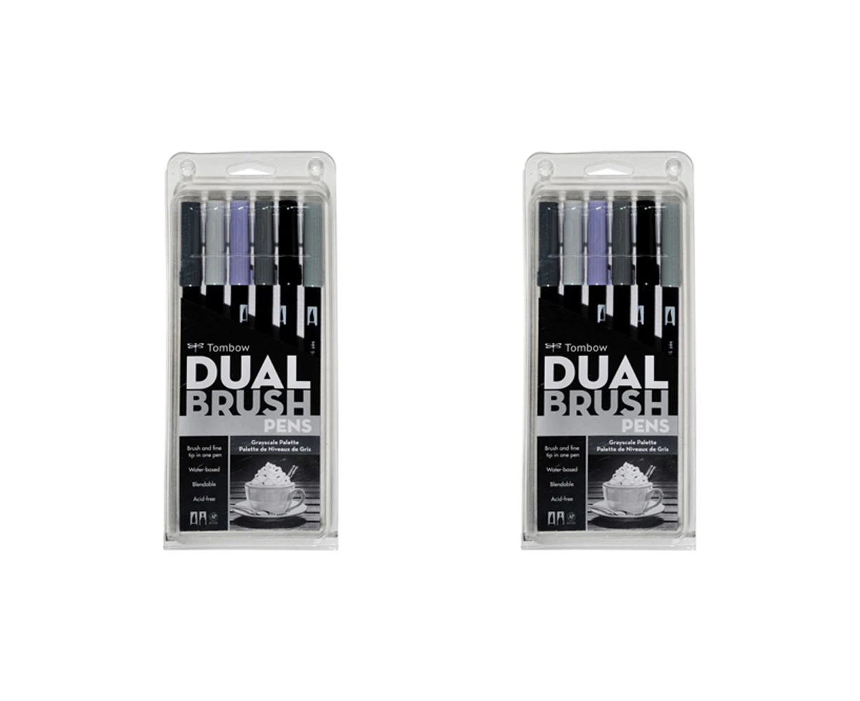 2x 6pc Tombow Dual Brush Water-Based Pen Art/Craft Drawing Sketching Greyscale