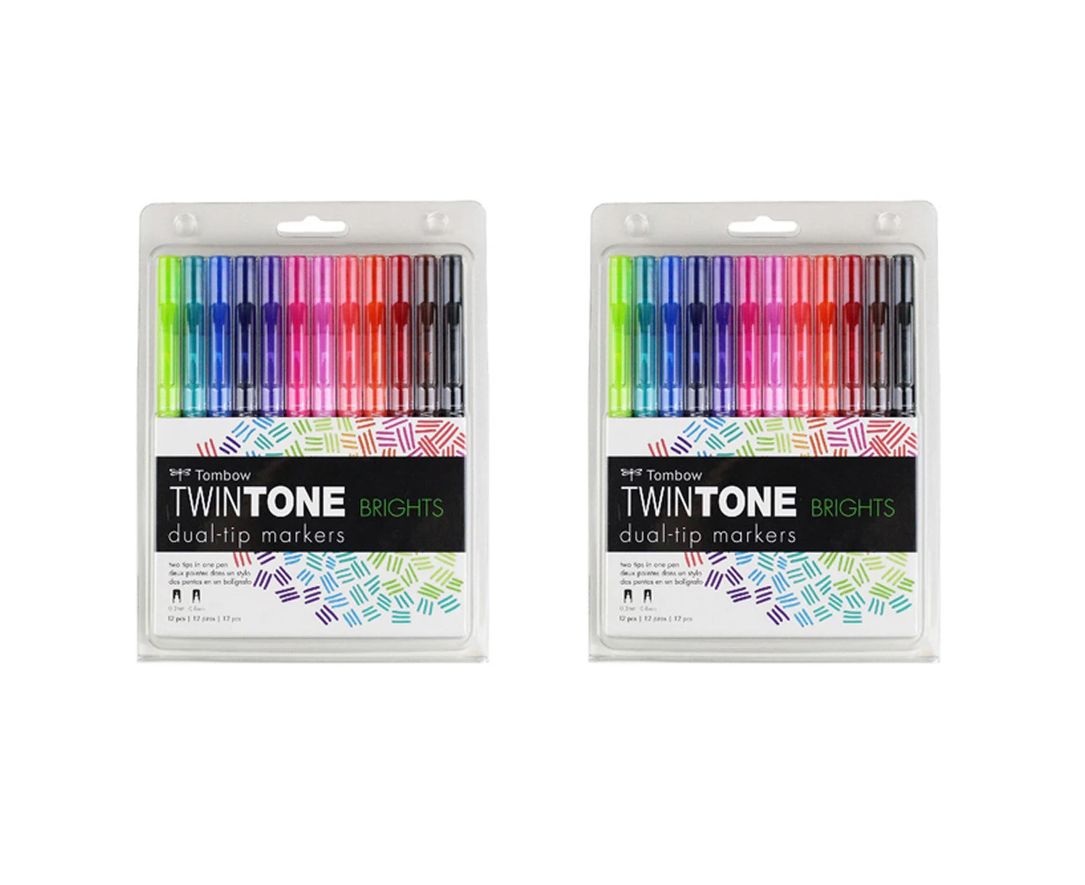 2x 12pc Tombow TwinTone Dual Tip Marker Drawing  Bullet/Extra Fine Tip Brights