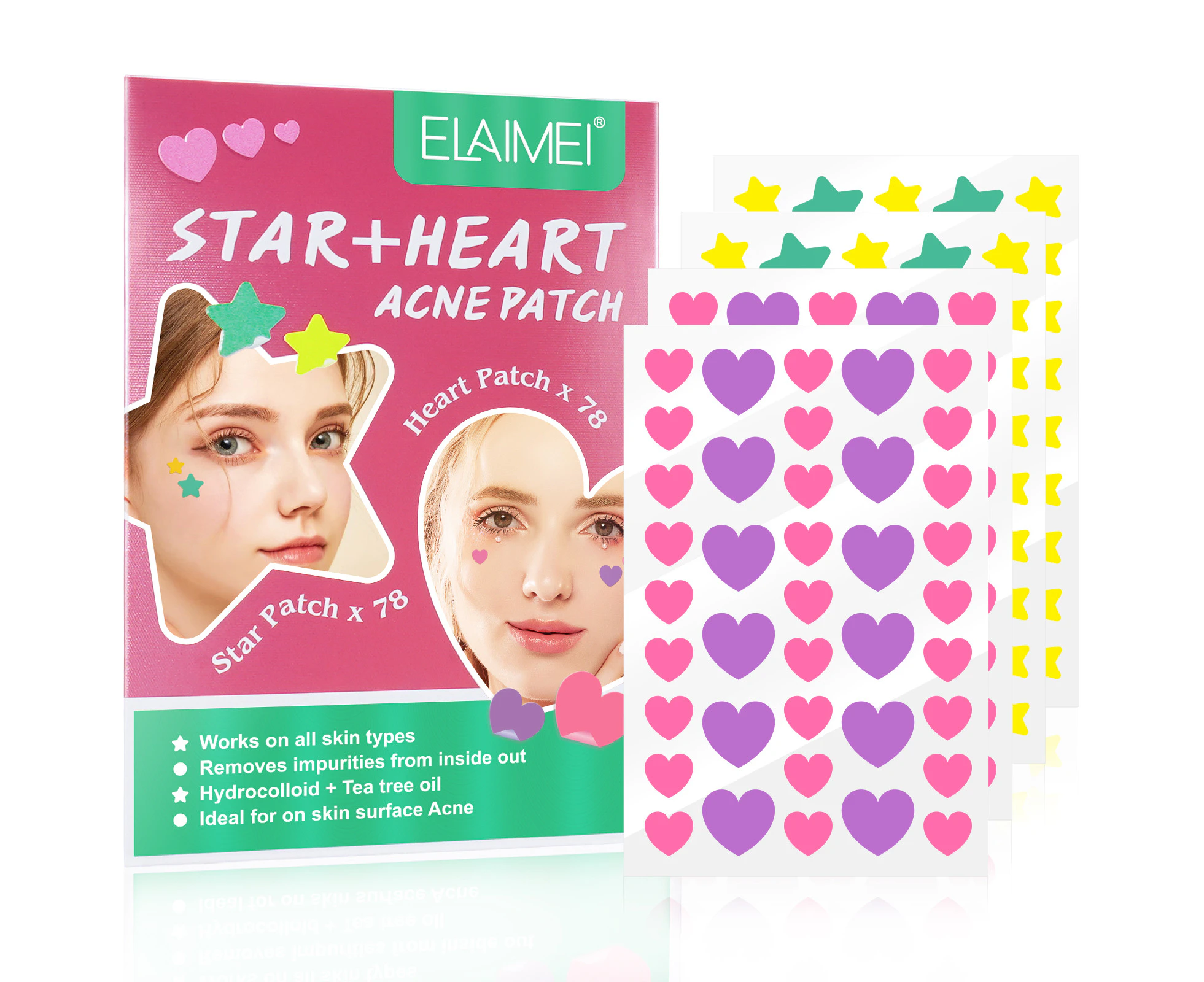 Elaimei Star + Heart Acne Patches Pimple Removal Facial Spot Blemish Control Hydrocolloid Plasters Genuine Skin Care (156pcs)