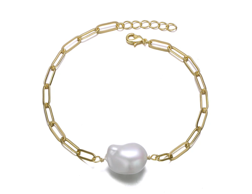 Genevive Sterling Silver Gold Freshwater Pearl Paperclip Link Bracelet