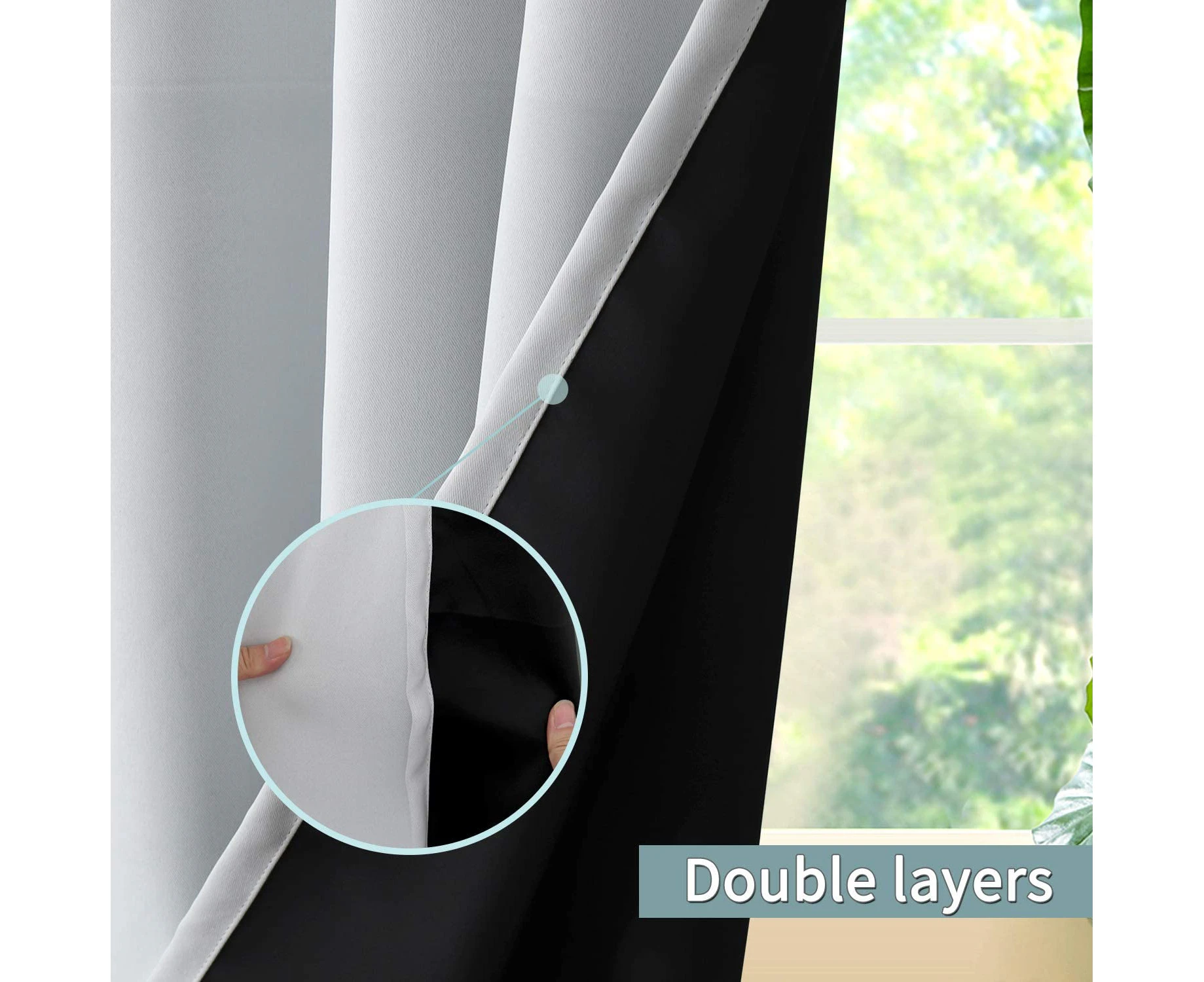 2 x insulated 100% blackout curtains for bedroom (with black lining), double layer full blackout noise reducing grommet curtains