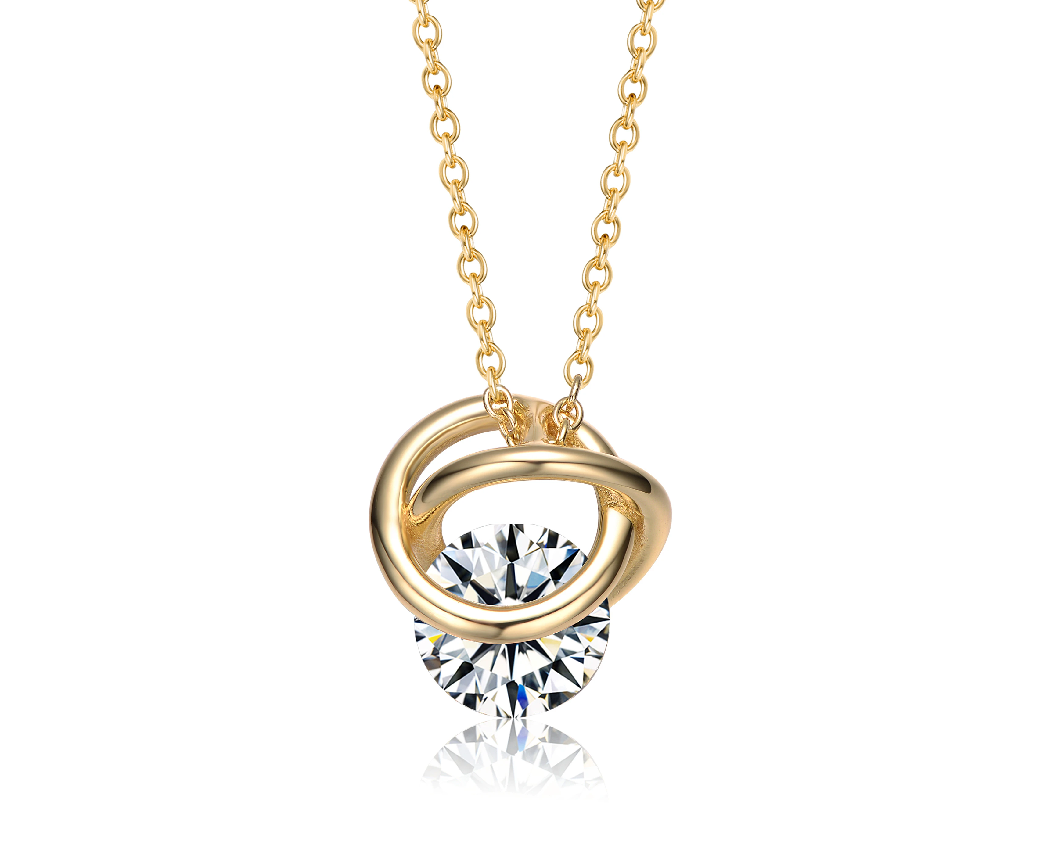 Stella Valentino Sterling Silver 14k Yellow Gold Plated with 1.20ct Moissanite Solitaire Double Eternity Circle Love Knot Pendant Necklace