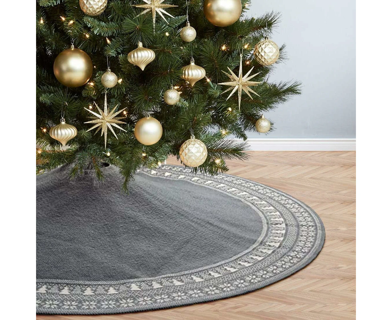 Christmas Tree Skirt, 90cm Knitted Tree Skirt with Snowflake, Thick Rustic Holiday Decorations, Tree Foot Cover (Gray, 90cm)