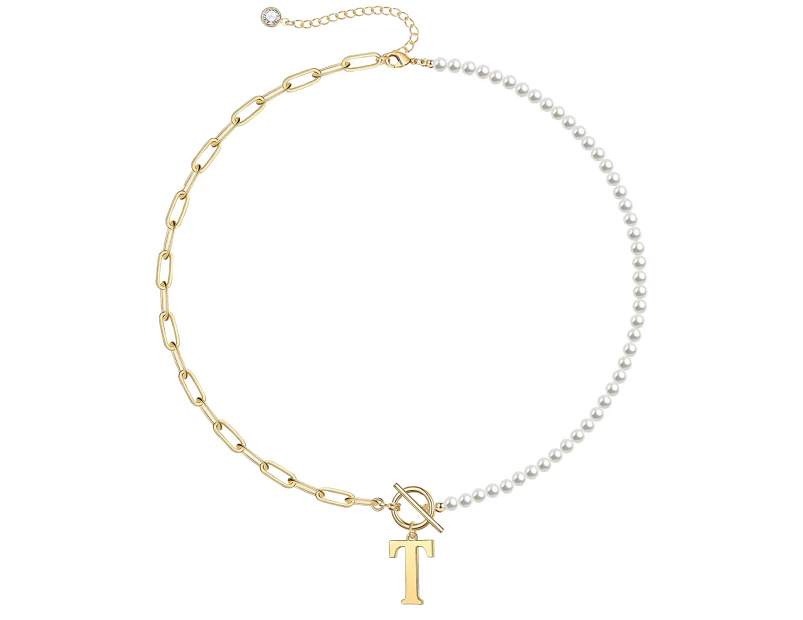 Rachel Glauber Gold Initial Pearl Link Chain Necklace