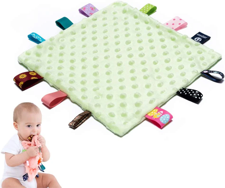 Baby Tags Security Blankets - Baby Soothing Plush Blanket with Colorful Tags, 10"x10" Square Sensory Toys -green