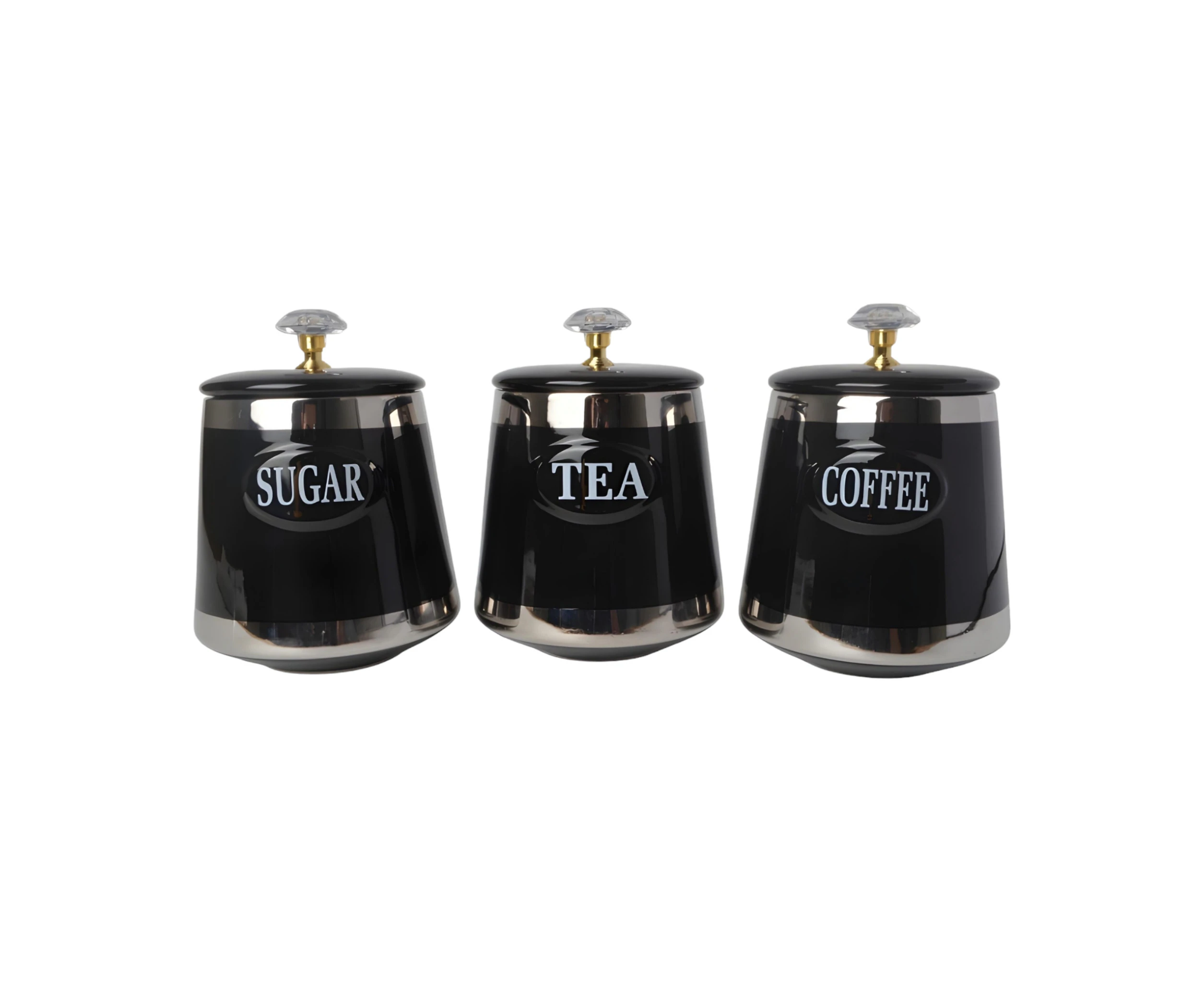 Set 3 Black & Silver Trim Ceramic Kitchen Canisters-Coffee Tea Sugar