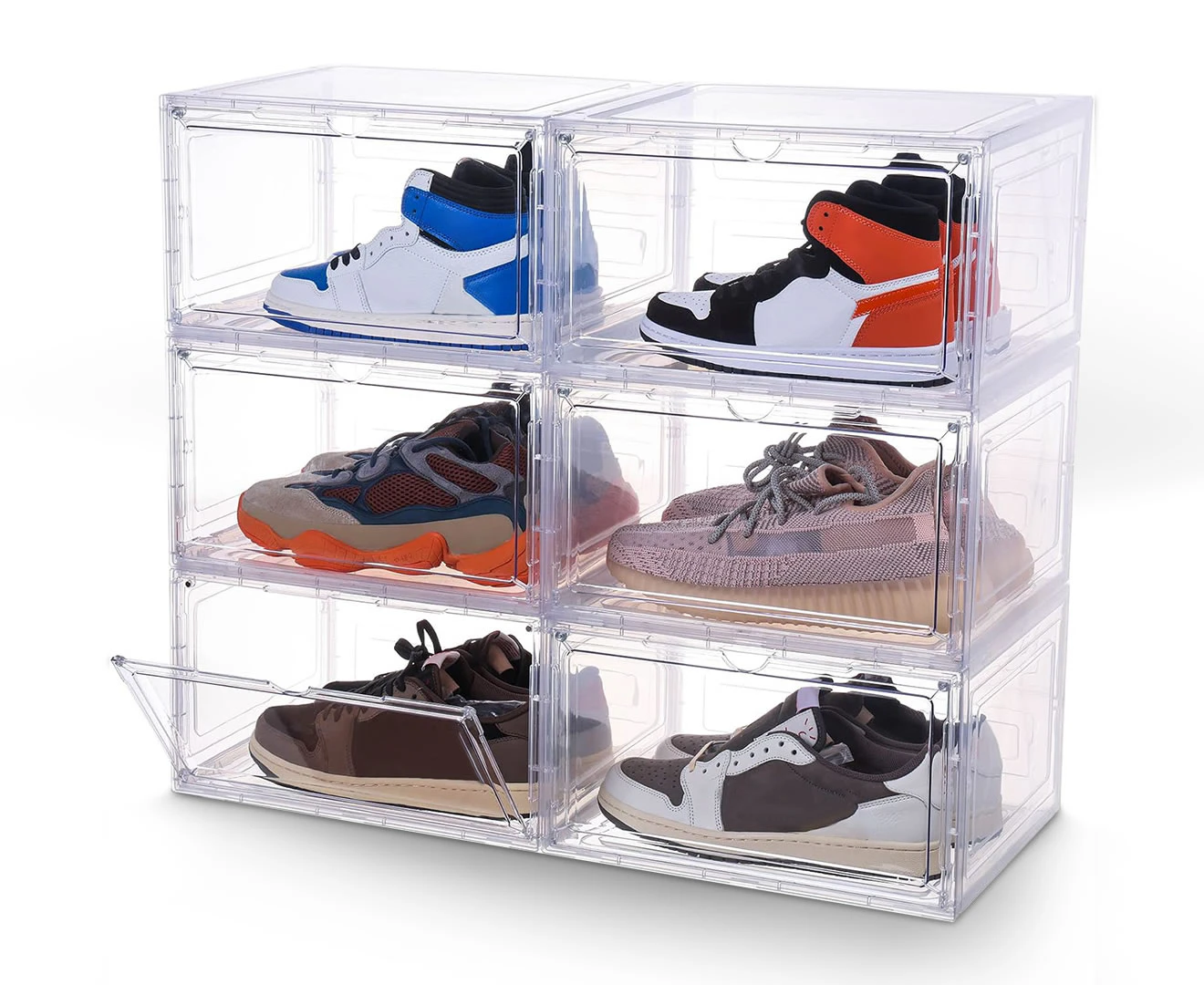 Stelive 6PCS Shoe Display Box Plastic Shoe Box Storage Containers Stackable Shoe Organizer Shoe Storage Box Magnetic Door Sneaker Case, 33.4x27.5x22.3cm