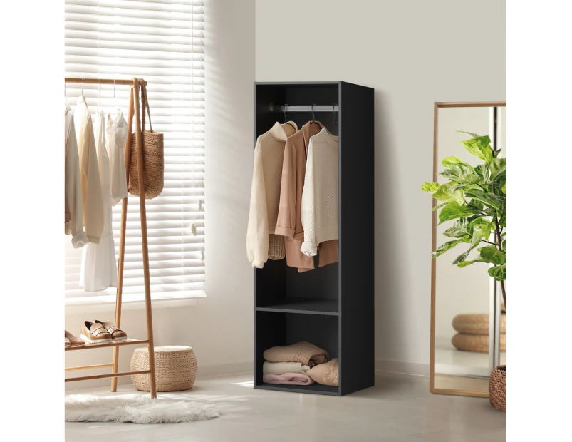 Oikiture Open Wardrobe Shelf Unit Clothes Storage 2 Shelves Hanging Rail Black