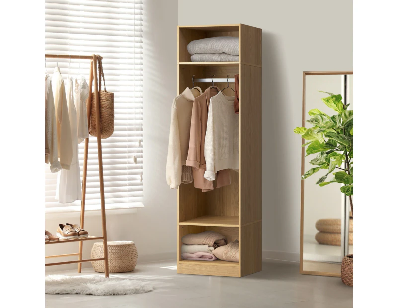 Oikiture Open Wardrobe Shelf Unit Clothes Storage 3 Drawers Hanging Rail Natural