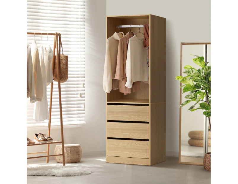 Oikiture Wardrobe Clothes Storage Organizer 3 Drawers Hanging Rail Natural