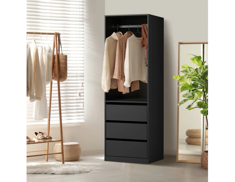 Oikiture Open Wardrobe Shelf Unit Clothes Storage 3 Drawers Hanging Rail Black