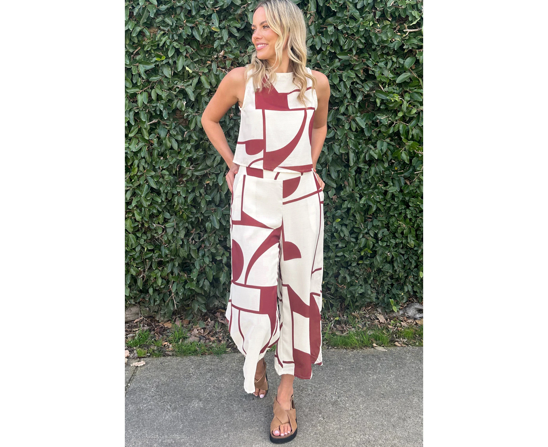 Gia Abstract Printed Button Back Vest and Wide Leg Pants Set