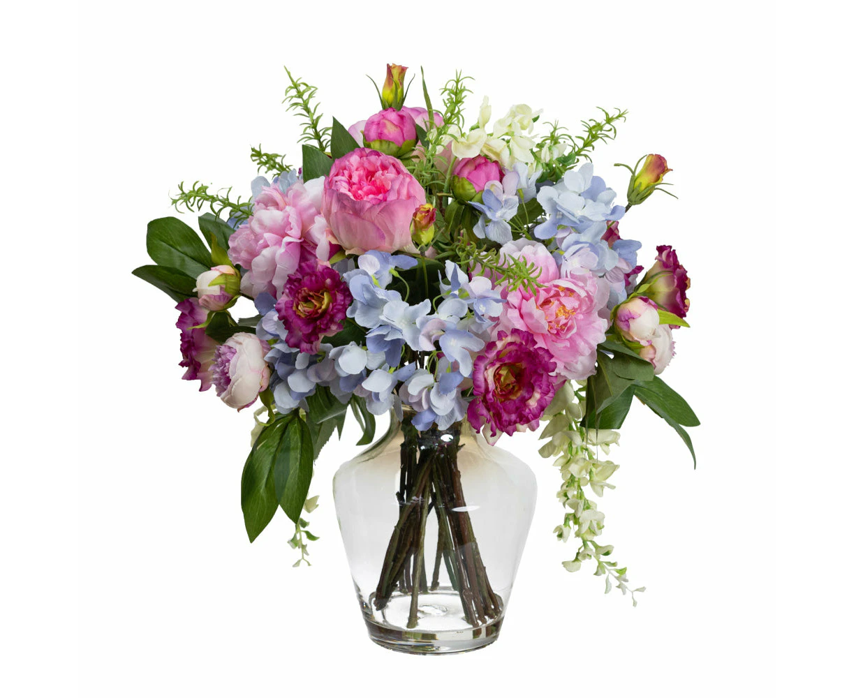 Glamorous Fusion Hydrangea, Peony & Wisteria Mixed  Artificial Fake Plant Decorative Arrangement 56cm In Glass