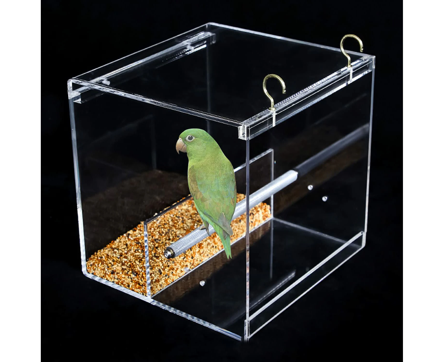 Acrylic Automatic Bird Feeder Bird Cage No Mess Bird Cage Seed Food Container with Stainless Steel Hooks Cage Accessories for Parakeet, Canary, Cockatiel