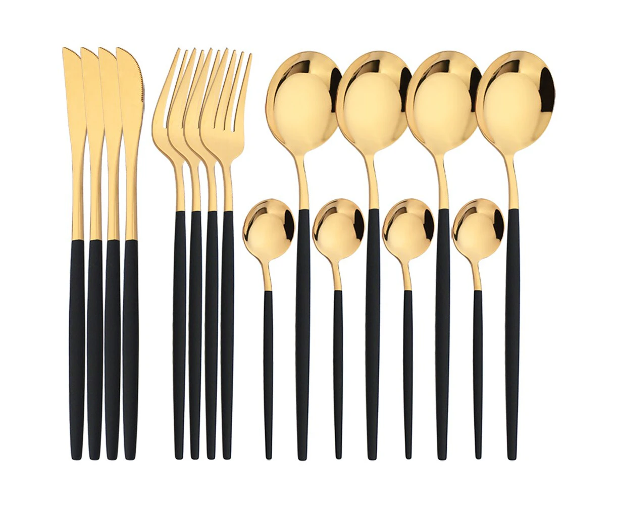 16Pcs Tableware Dinnerware Set Black Gold Cutlery Set Stainless Steel Fork Knife Teaspoon Dinner Silverware Kitchen Flatware Set --Black Gold