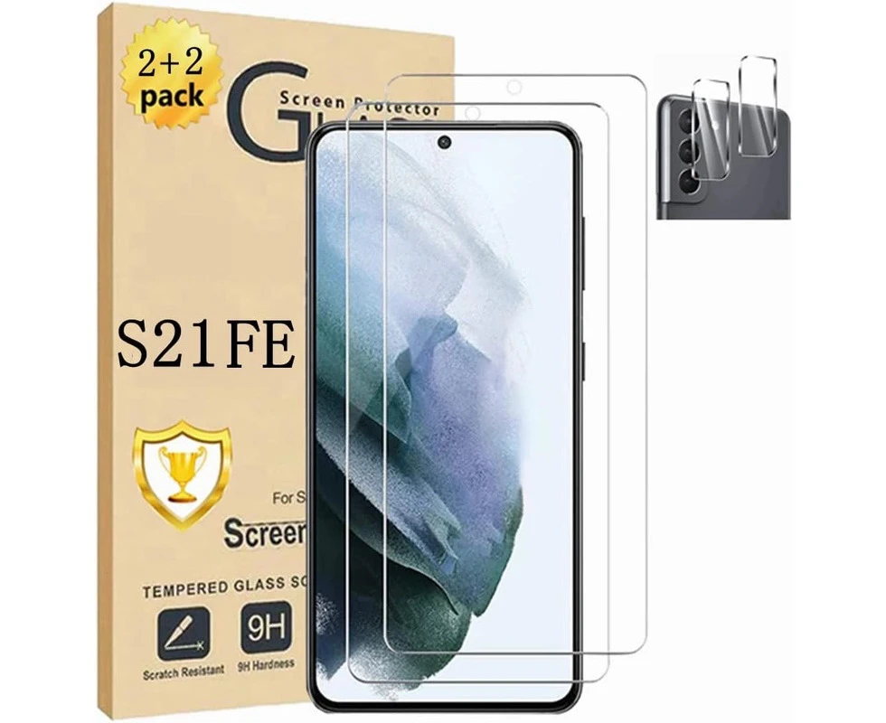 [2+2 Pack] 2 Pack S21 FE 5G Glass Screen Protector + 2 Pack Camera Lens Protector-For S21 FE 5G