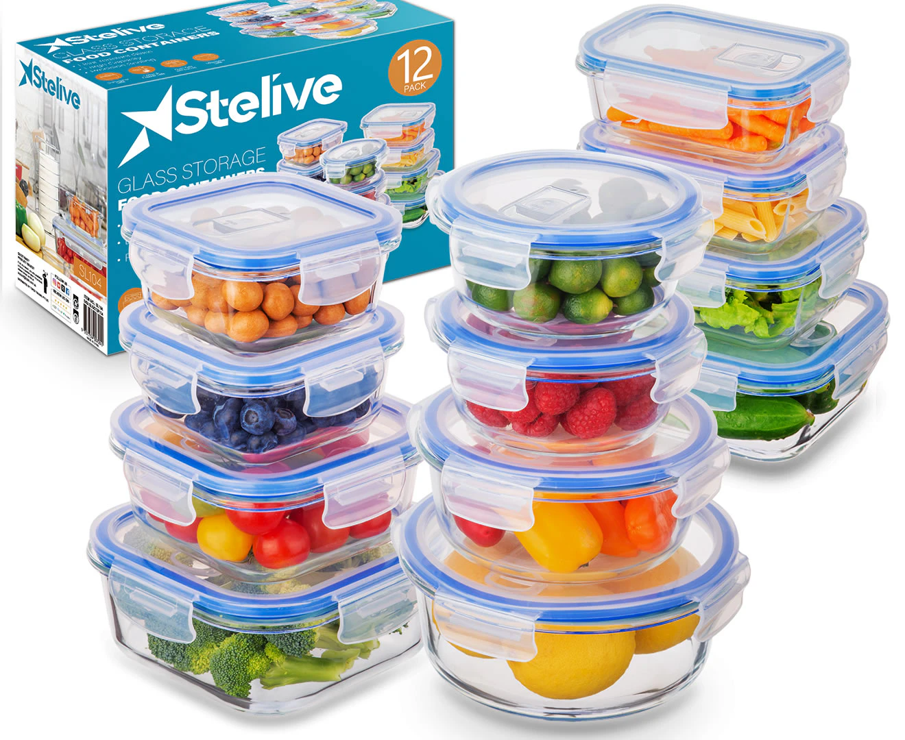 Stelive 12 PCS Glass Food Storage Containers with Lids Airtight Food Containers Leakproof Lunch box BPA Free Kitchen Storage Glass Container