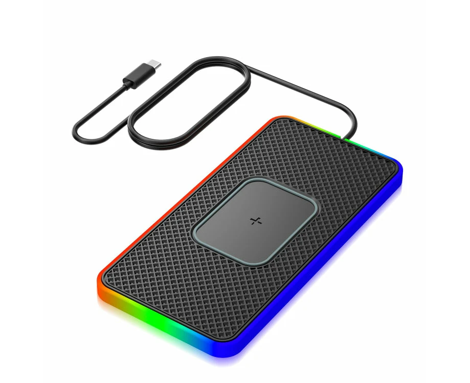 2 In 1 15W Car Mobile Phone Wireless Charger Non-slip Mat with Colourful Light - USB-C/Type-C Cable 1m