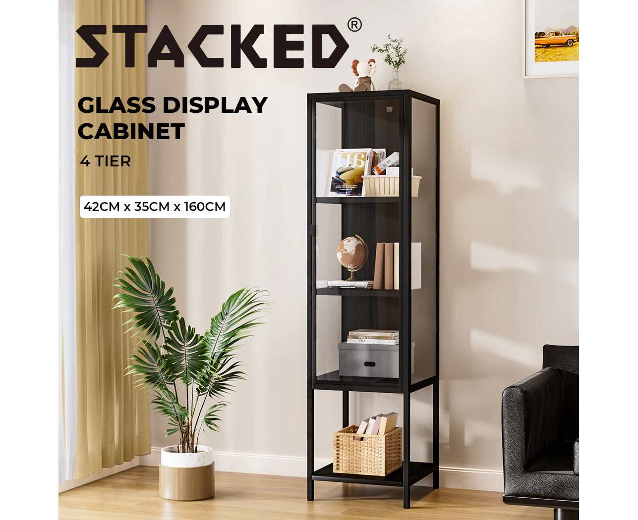 Stacked Display Cabinet Tempered Glass Clear Showcase Bookcase Rack Steel Frame