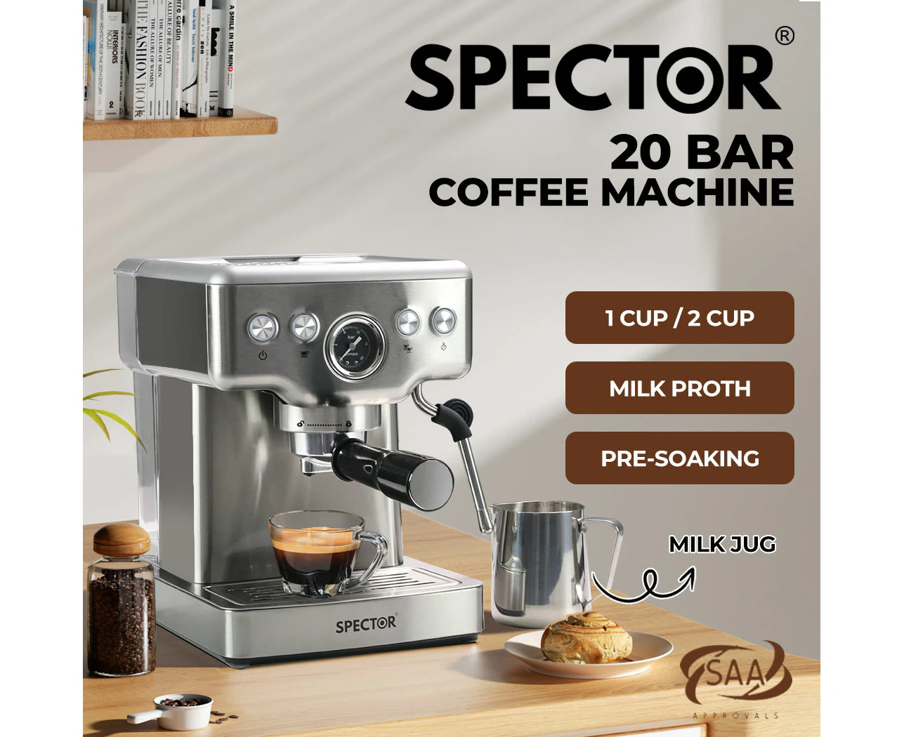 Spector Coffee Machine 20 Bar Espresso Cappuccino Maker Frother LCD Pre-soaking