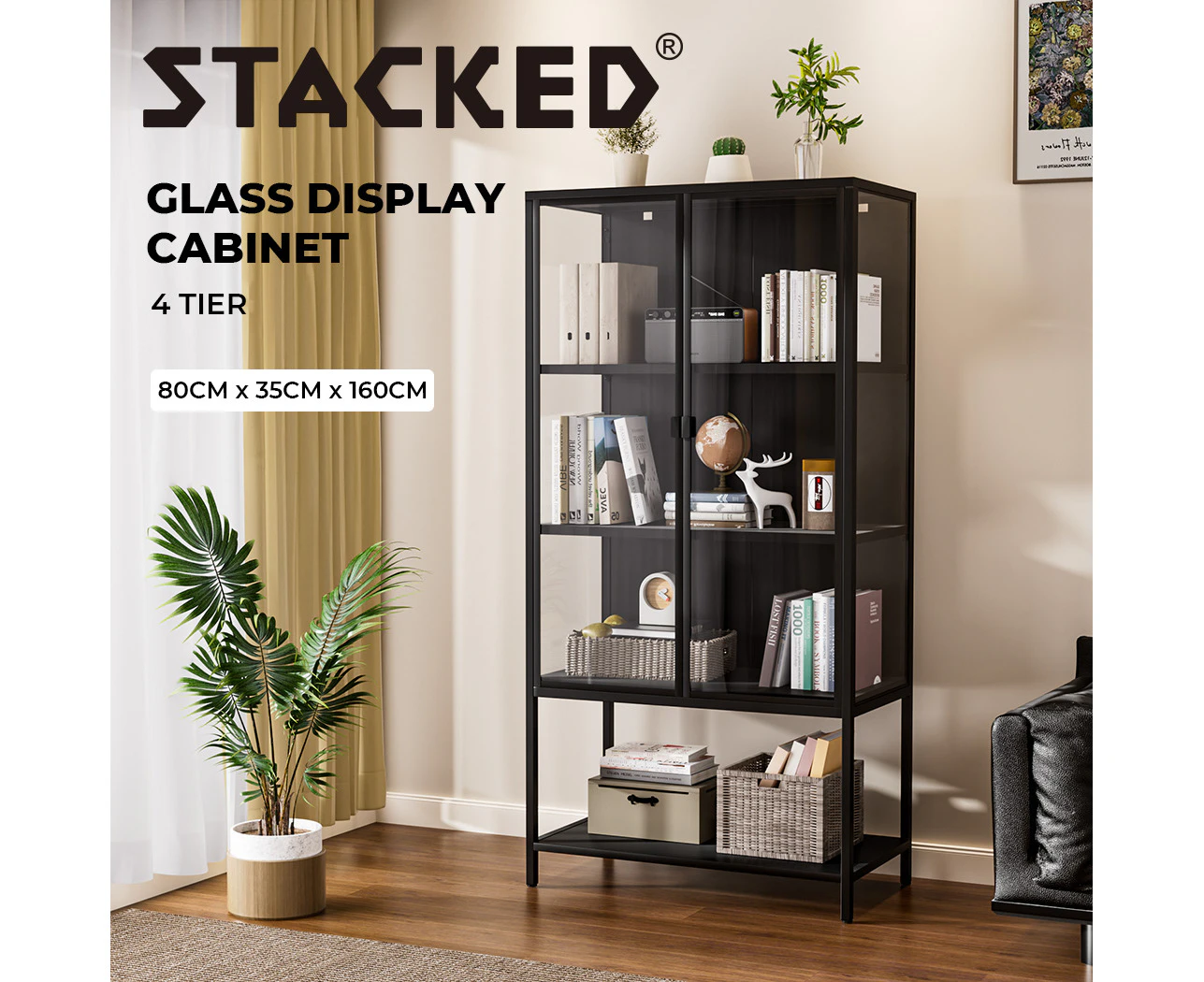 Stacked Display Cabinet Tempered Glass 4Tier Clear Showcase Bookcase Steel Frame