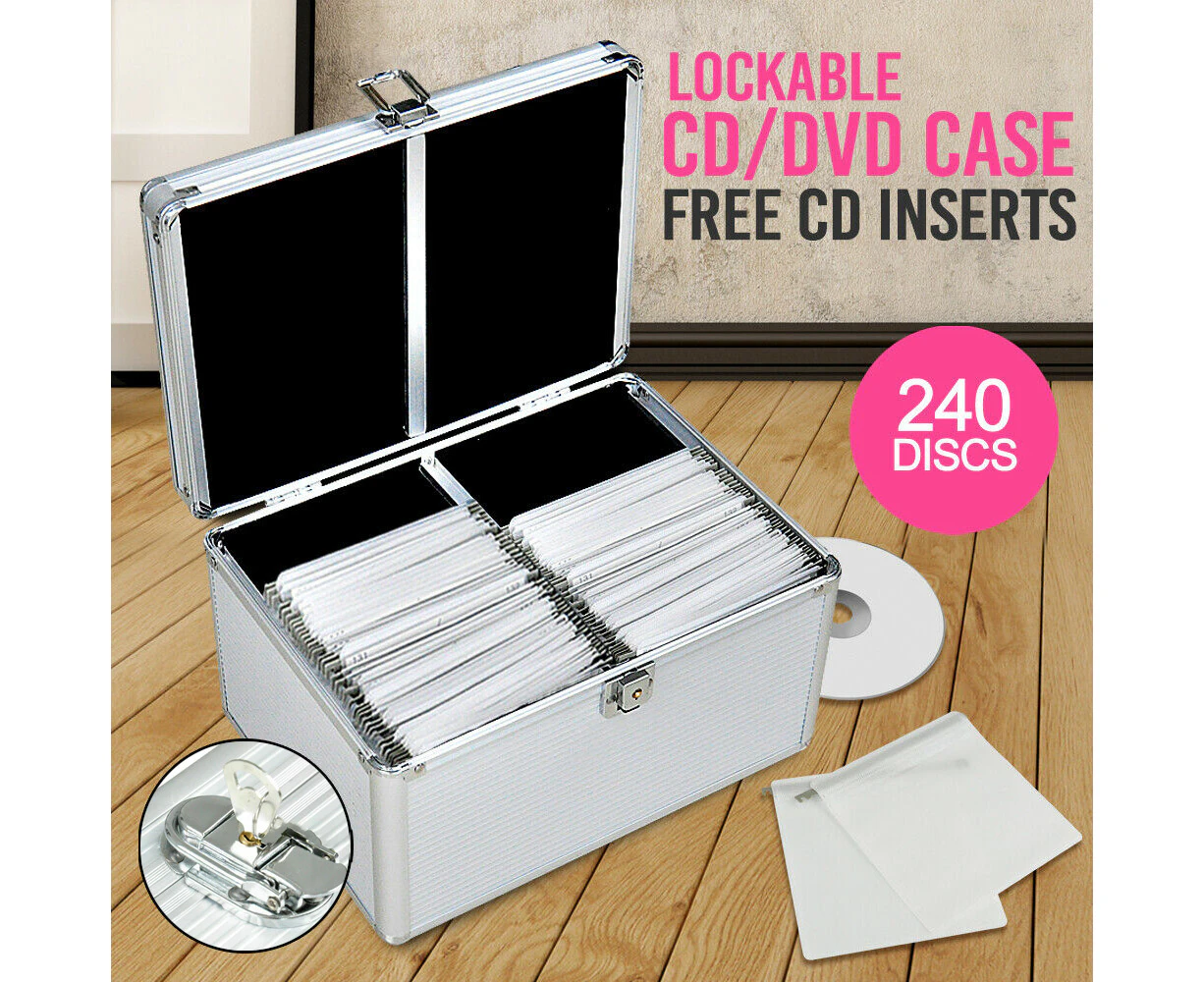 240 Discs Aluminium CD DVD Cases Bluray Lock Storage Box Organizer Free Inserts