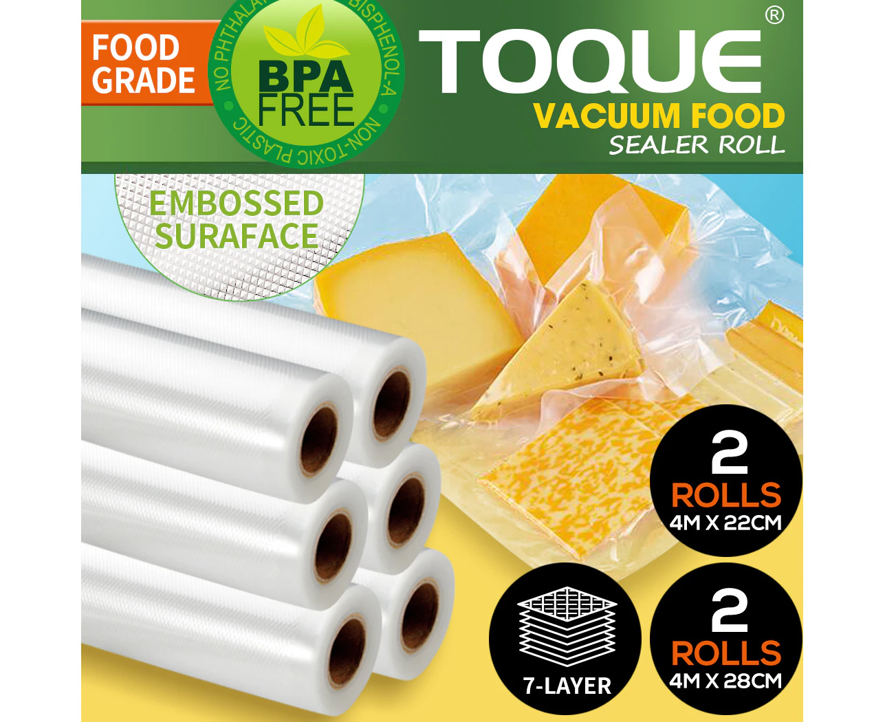 Toque 2 Rolls 22cm and 2 Rolls 28cm Commercial Grade Vacuum Food Sealer Bag