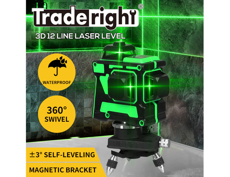 Traderight Laser Level Green Light Self Leveling 360° Rotary 3D 12 Line Measure