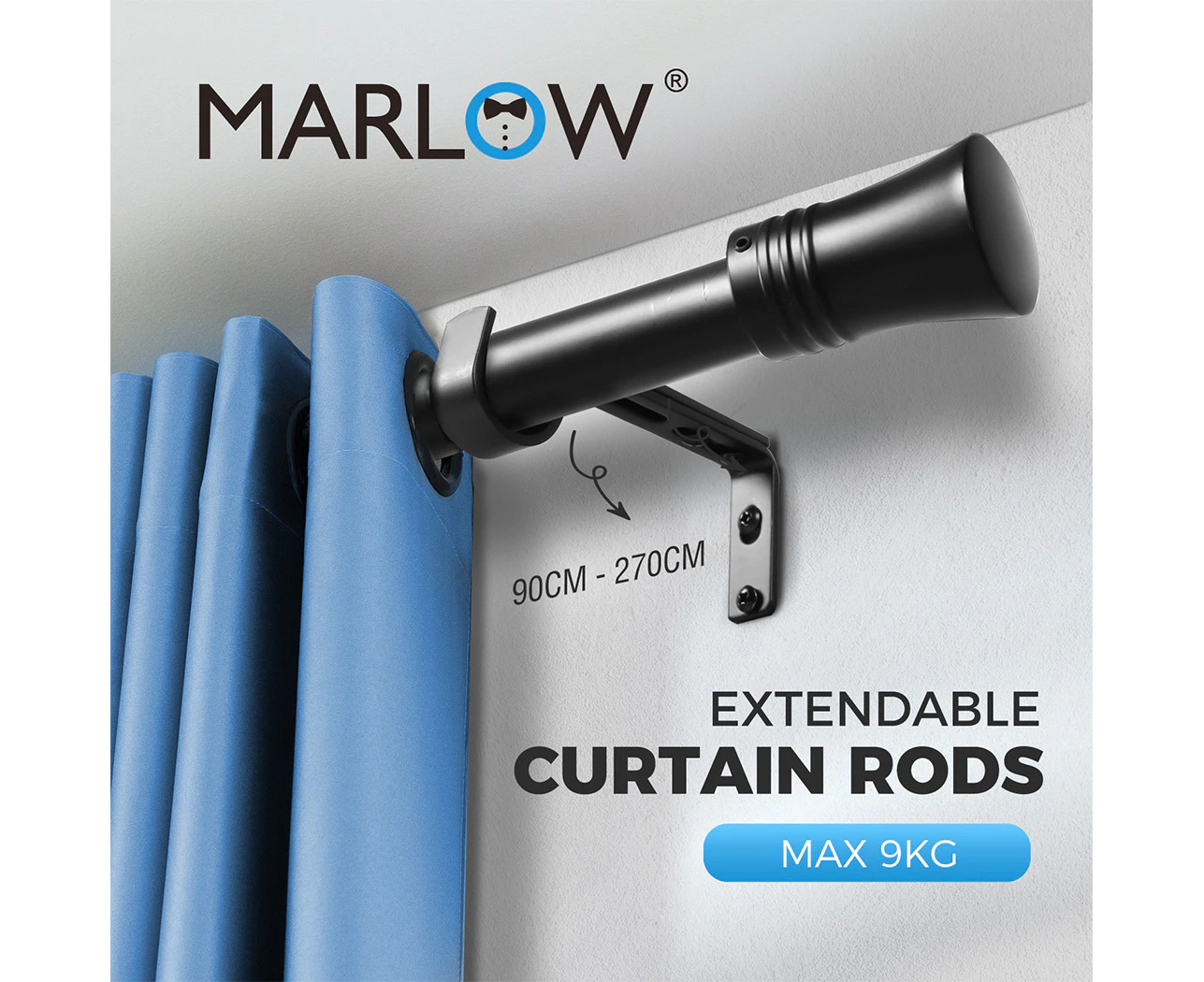 Marlow Black Curtain Rod Steel Quiet Rail Pole Pommel Set Extendable