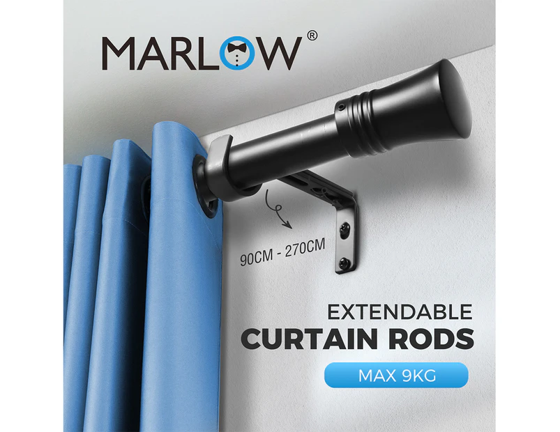 Marlow Black Curtain Rod Steel Quiet Rail Pole Pommel Set Extendable