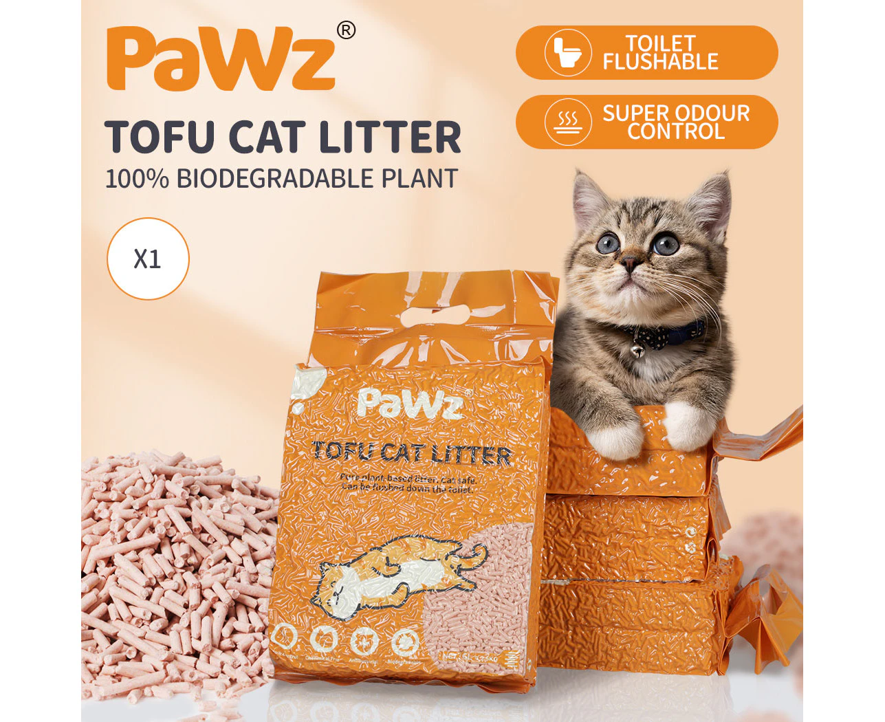 Pawz 2.5kg Tofu Cat Litter Clumping Flushable Fast Super Absorben Peach x1