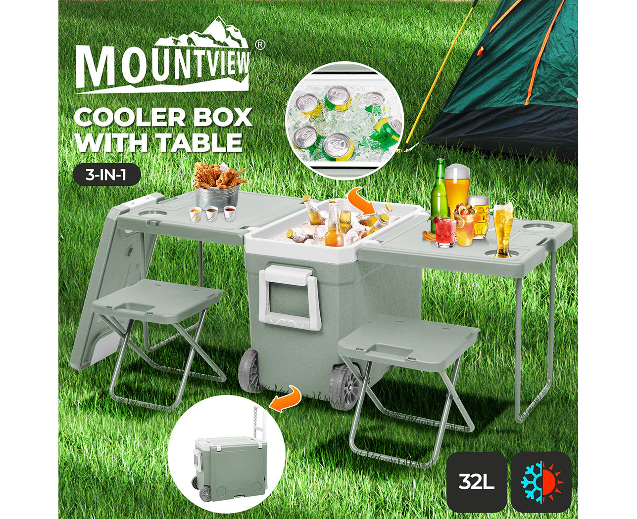 Mountview Cooler Ice Box With Table Chair 32L Portable Wheeled Camping Outdoor