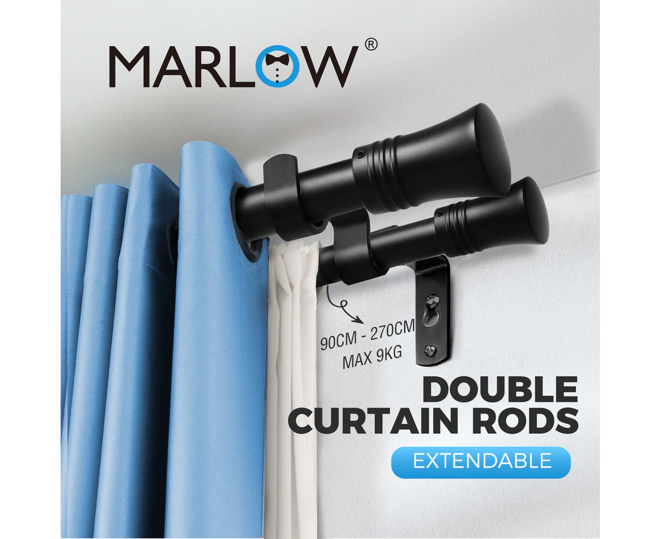 Marlow Black Double Curtain Rod Steel Pole Pommel Set Extendable Modern