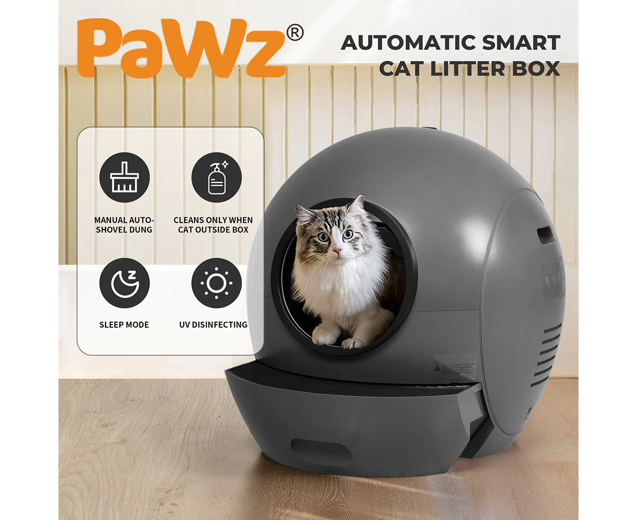 Pawz Automatic Smart Robot Cat Grey Box Self-Cleaning Enclosed Kitty Toilet