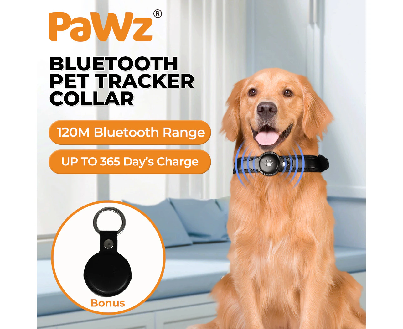 Pawz Bluetooth Pet Tracker Collar Dog Locator GPS Smart Waterproof 120m Black