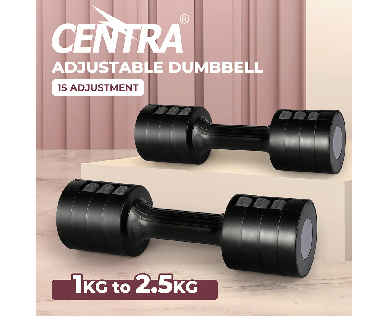 Centra A Pair Of 1KG To 2.5KG Adjustable Dumbbells With Metal Weight Black